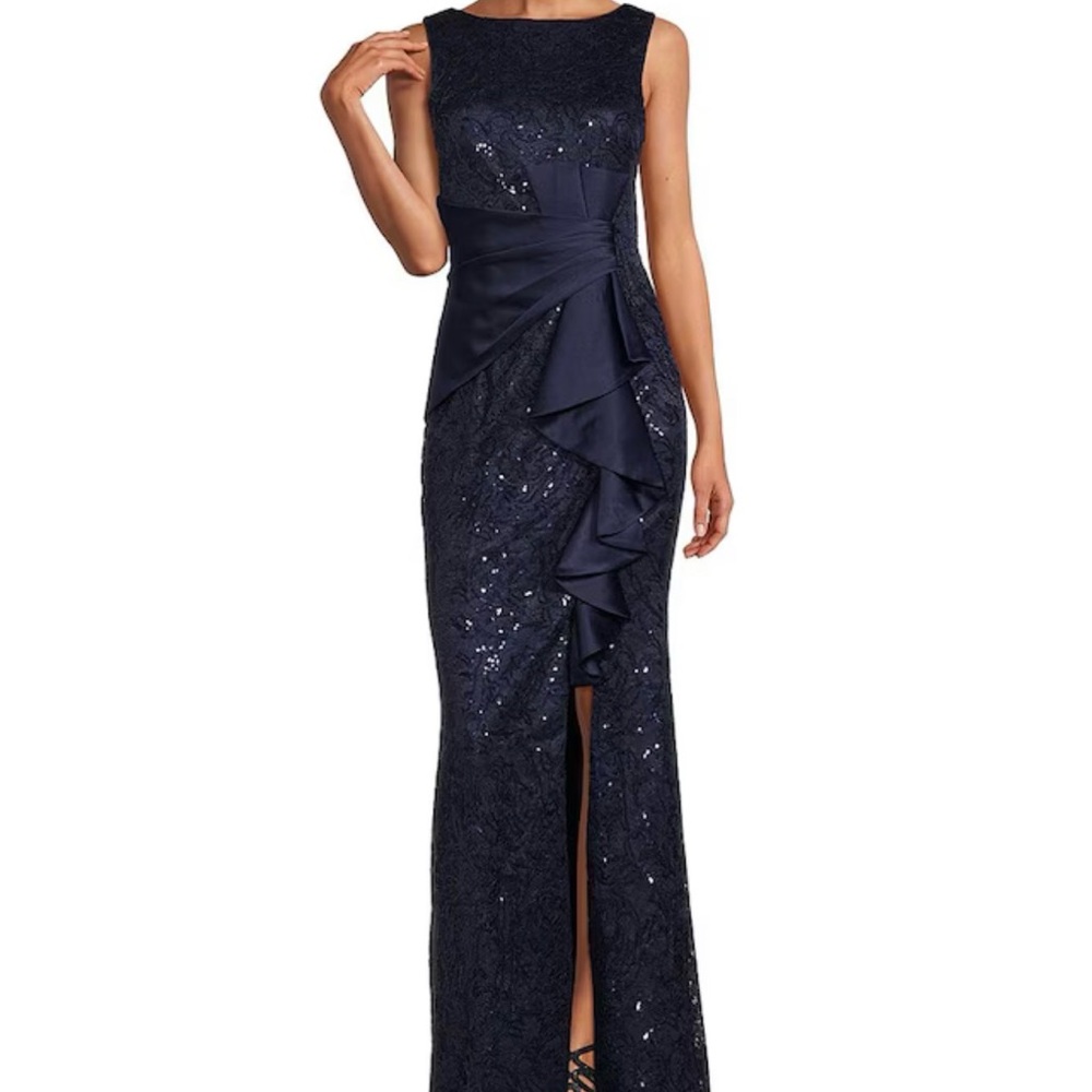 Eliza J. Sequins lace boatneck sleeveless ruffle front slit gown - Picture 2 of 12